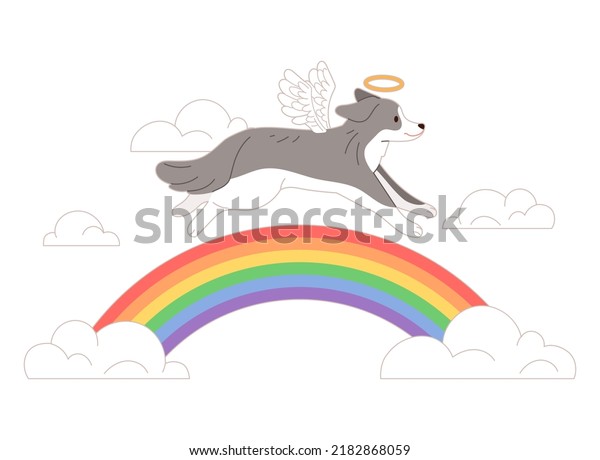The soul of a dead dog is crossing the rainbow bridge. Dead pet concept vector illustration.