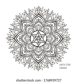 Soul Earth chakra vector illustration.  Black and white Color. For logo yoga healing, mandala, meditation, kundalini. Beautiful outline mandala. Ethnic, Indian style.
