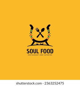 soul food kitchen and catering business logo template of ethnic african american cultural food and restaurant logo with hot pot and african pattern decoration