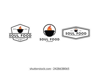 Soul comida olla cocina fuego caliente logo diseño vintage etiqueta retro set colección