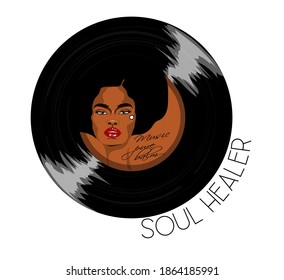 Soul healer. Vinyl with beautiful afro girl on it. Vector illustartion for textile ptint.