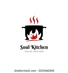 Soul Kitchen hot pot restaurant logo icon with big red fire flame