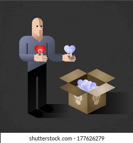 Soul Light To Sale (vector version). Cartoon man copying shape of his heart to light bulbs. Comic picture, illustrated allegory of an emotional side of our life