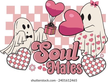 Soul Mates Retro Boo Funny Valentine Ghost Couple T Shirt Design