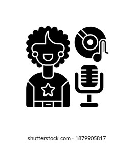Soul music black glyph icon. Vinyl with note. Retro microphone. Singer woman with stared sweatshirt. Elegant songs styles. Silhouette symbol on white space. Vector isolated illustration