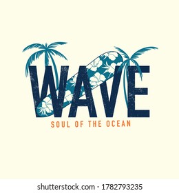 Soul of the ocean tropical t-shirt design.Palm tree, surfboard drawing.