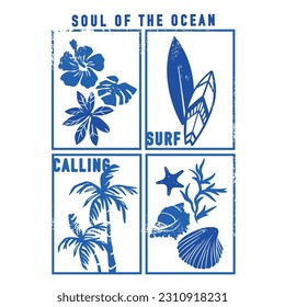 Soul of the ocean.Surfing print. Palm tree, tropical flower, sea shell and surfboard drawing.Vector illustration design for fashion fabrics, textile graphics, print.