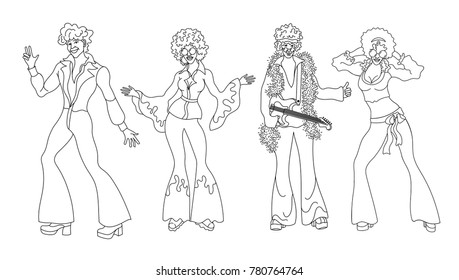 Soul Party Time. Dancers Of Soul Outline Set Funk Or Disco.People In 1980s, Eighties Style Clothes Dancing Disco, Cartoon Vector Illustration Isolated On White.Men And Women In 80s Style Clothing