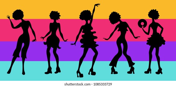 Soul Party Time. Dancers Of Soul Silhouette Funk Or Disco.People In 1980s, Eighties Style Clothes Dancing Disco, Cartoon Vector Illustration On Striped Background. Retro Woman In 80s Style Clothing