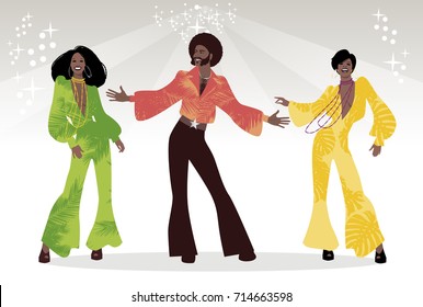 Soul Party Time. Group of man and two girls dancing soul, funk or disco music. Retro style.