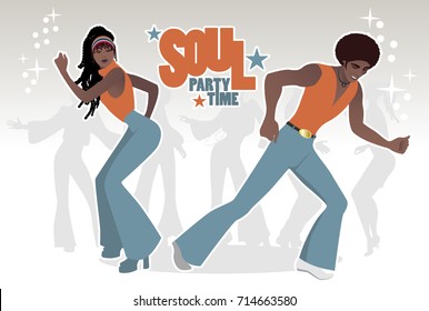 Soul Party Time. Young couple dancing soul, funk or disco music. Retro style.