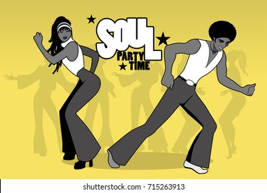 Soul Party Time. Young couple dancing soul, funk or disco. Retro style.