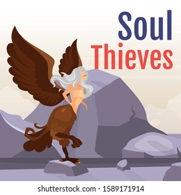 Soul thieves social media post mockup. Greek mythological creature. Harpy on mountain. Half-woman beast. Web banner design template. Social media booster, content layout. Poster flat illustrations