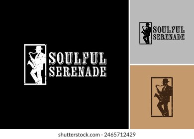 The "Soulful Serenade Saxophone Player" logo depicts a dynamic saxophonist in a melodious performance, conveying the essence of soulful music. Designed for music events or jazz clubs