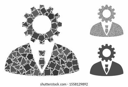 Soulless official bureaucrat composition of bumpy elements in various sizes and color tints, based on soulless official bureaucrat icon. Vector bumpy elements are united into mosaic.