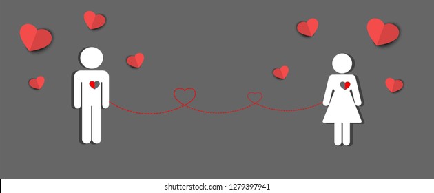 Soulmate background concept, Man and Woman couple connected by red thread on gray background. Template for Valentines day, lover vector illustration