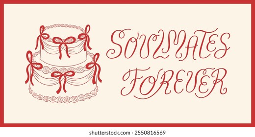 Soulmates forever calligraphy quote with cake and bows. Vector illustration of elegant lettering. Holiday greeting card for valentines day or wedding