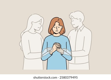 Souls of dead parents support older girl, who is orphan due to death of loved ones in disaster. Souls mom and dad stand near praying lady, feeling grief after accident that caused long-term depression