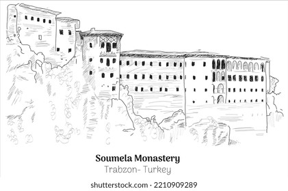 Soumela Monastery trabzon turkey  hand drawing vector illustration 