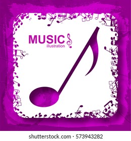 Sound abstract concept with purple musical note white square and musical icons isolated vector illustration