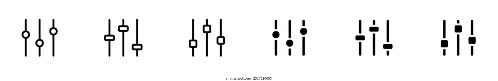 Symbole für die Tonanpassung. Sammlung von Lautstärkereglersymbolen. Equalizer Slider-Symbol.