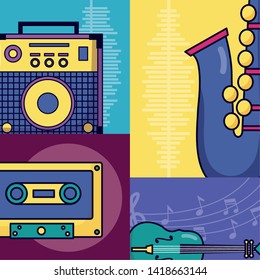 sound amplifier cassette saxophone fiddle festival music poster vector illustration