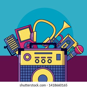 sound amplifier microphone trumpet cassette headphone festival music poster vector illustration