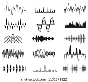 Sound amplitude waves. Radio signal symbols. Audio music equalizer, voice wave vector set isolated. Voice digital electronic equalizer, frequency soundwave illustration