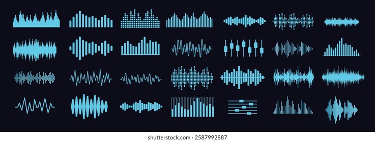 Sound and audio design elements collection - Set of music and voice recording graphics showing waves spectrum, equaliser and graphs in blue colour on black background