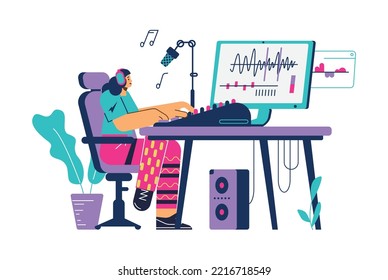 Sound audio designer working on music track flat cartoon vector illustration isolated on white background. Creating music and sound effects processing.