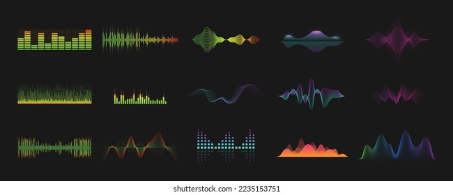 Olas de ecualizador de sonido y audio ajustadas con iconos de luz de neón. Señales brillantes. Grabación de voz, formas de onda de señal de radio. Ondas de sonido digitales. Niveles de amplitudes melódicas. Frecuencia del ecualizador Dj. Ilustración del vector