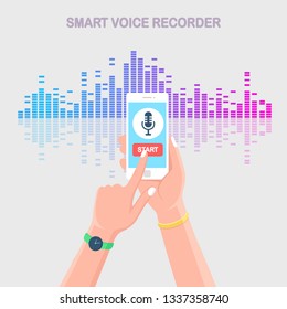 Sound audio gradient wave from equalizer. Cellphone with microphone icon on screen. Mobile phone app for digital voice radio record. Music frequency in color spectrum. Vector flat design