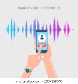 Sound audio gradient wave from equalizer. Cellphone with microphone icon on screen. Mobile phone app for digital voice radio record. Music frequency in color spectrum. Vector flat design