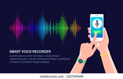 Sound Audio Gradient Wave From Equalizer. Cellphone With Microphone Icon On Screen. Mobile Phone App For Digital Voice Radio Record. Music Frequency In Color Spectrum. Vector Flat Design