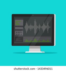 Sound or audio recorder or editor software on computer screen, flat cartoon monitor with audio mixer studio icon isolated