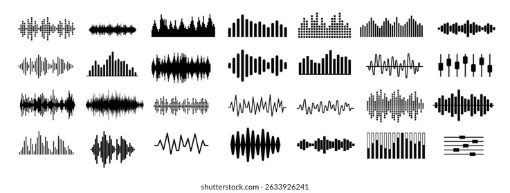 Sound and audio vector elements collection - Set of graphics with music or voice frequency symbols in black on white background