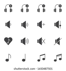 Sound, audio vector icons set, modern solid symbol collection, filled style pictogram pack. Signs logo illustration. Set includes icons as headphones, musical note, silent, favorite song, volume level