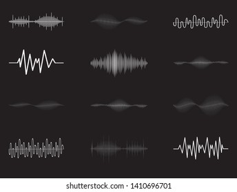 Sound audio wave vector. Icon set isolated on black background. Abstract sound waves for voice design, music background, radio logo and icon.Creative music audio concept. Soundwave vector illustration