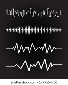 Sound audio wave. Vector set isolated on black background. Sound waves for voice recording tattoo, music audio icon, eq, radio logo and waveform. Musical melody design. Soundwave audio music vector