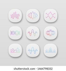 Sound and audio waves app icons set. UI/UX user interface. Voice recording, radio signal waveform. Digital soundwaves. Melody amplitudes levels. Web, mobile applications. Vector isolated illustrations