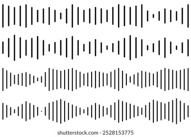 Coleção de Ondas de Som e Áudio. Padrões De Ondas Monocromáticas. Símbolos de ritmo para ondas sonoras. Linhas de Escala de Volume. Sinais de áudio analógicos e digitais.