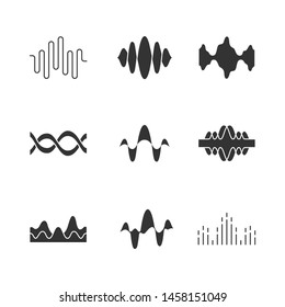 Sound and audio waves glyph icons set. Silhouette symbols. Voice recording, radio signal waveforms. Digital soundwaves. Melody amplitudes levels. Dj equalizer frequency. Vector isolated illustration