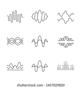 Sound and audio waves linear icons set. Voice recording, radio signal. Digital soundwaves. Melody amplitudes levels. Thin line contour symbols. Isolated vector outline illustrations. Editable stroke