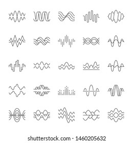 Sound and audio waves linear icons set. Music digital curve soundwaves. Voice recording. Vibration, noise amplitudes. Thin line contour symbols. Isolated vector outline illustrations. Editable stroke
