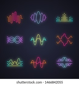 Sound and audio waves neon light icons set. Glowing signs. Voice recording, radio signal waveforms. Digital soundwaves. Melody amplitudes levels. Dj equalizer frequency. Vector isolated illustrations