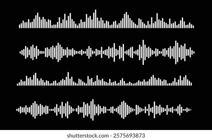 Sound and audio waves vector elements - Song or music track waveform shapes in white colour on black background