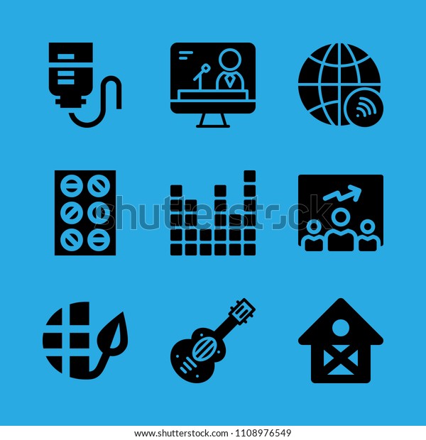 sound bars, barn, presentation, drop counter, spanish\
guitar, tablets, ecology, television and worldwide vector icon.\
Simple icons set