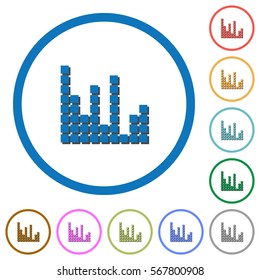 Sound bars flat color vector icons with shadows in round outlines on white background