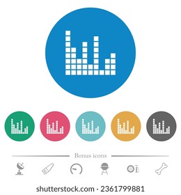 Sound bars flat white icons on round color backgrounds. 6 bonus icons included.