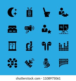 sound bars, manager, toilet, id card, pills, strategic, earphones, window and microscope vector icon. Simple icons set